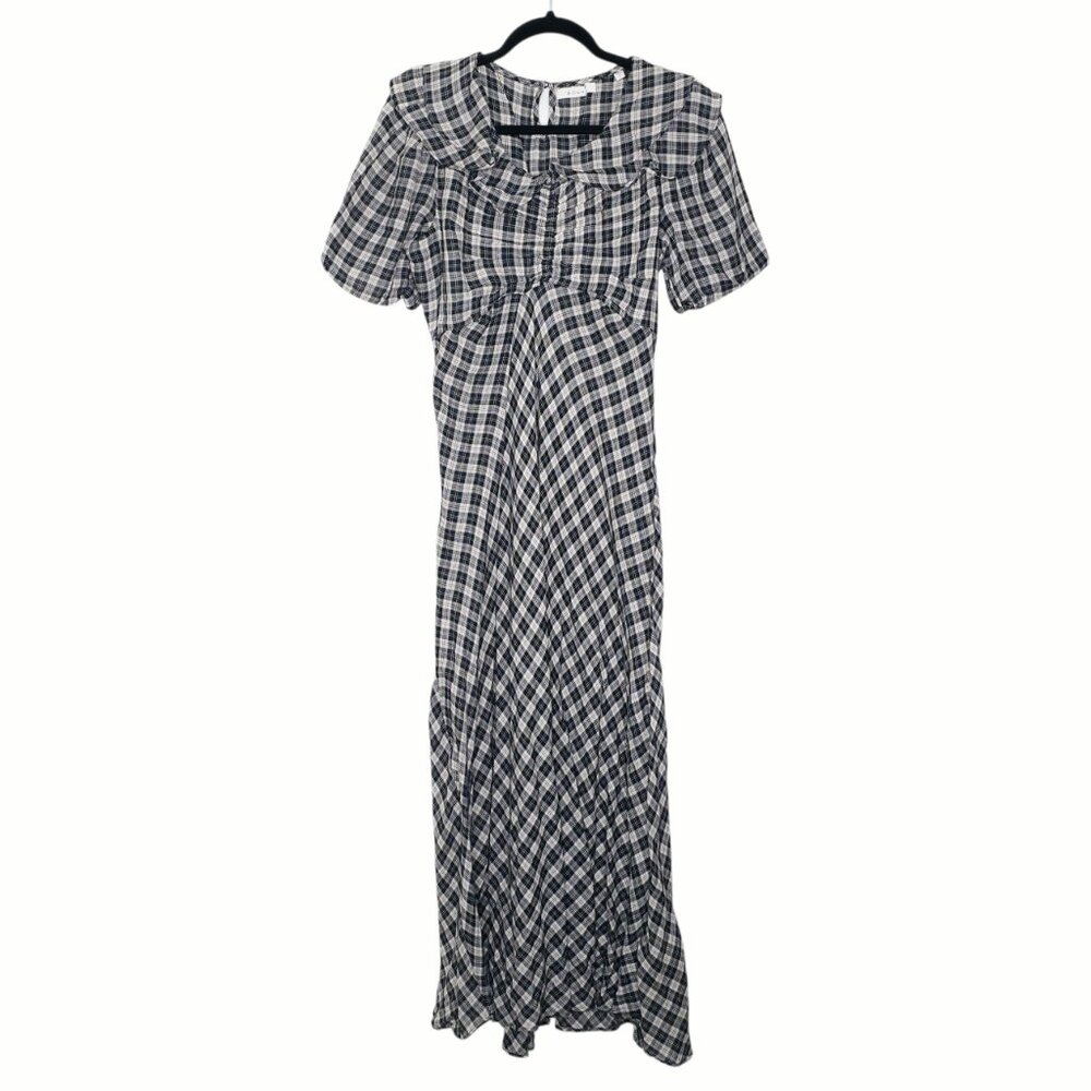 Doen Gwyneira Navy Countryside Plaid Ruffle‎ Cotton Midi Dress Size L - Picture 3 of 9